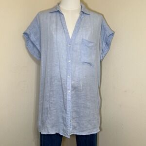 Rachel Zoe Womens Blue 100% Linen Button Down Short Sleeve Tunic Shirt Size M